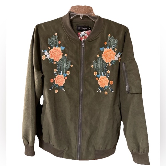 Merigold Kiss Jackets & Blazers - Merigold Kiss Sunset Olive Green Cactus Floral Embroidered Bomber Jacket Size S